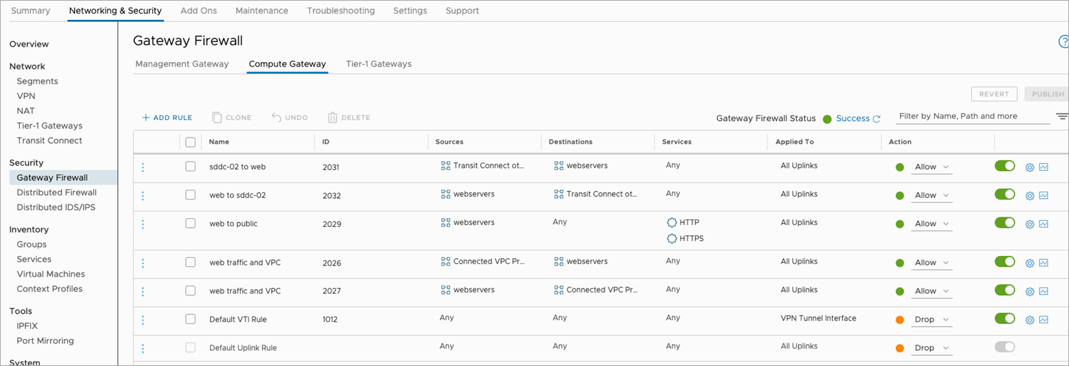 Figura 8 – Exemplo de regras de firewall do gateway.