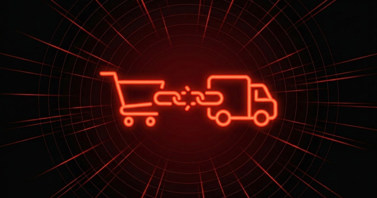 Ícone neon vermelho de um carrinho de compras ligado a um caminhão de entrega por uma corrente com um elo partido, sobre fundo escuro